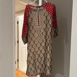 Red, Gold and Gray Patterned Women's Kurta